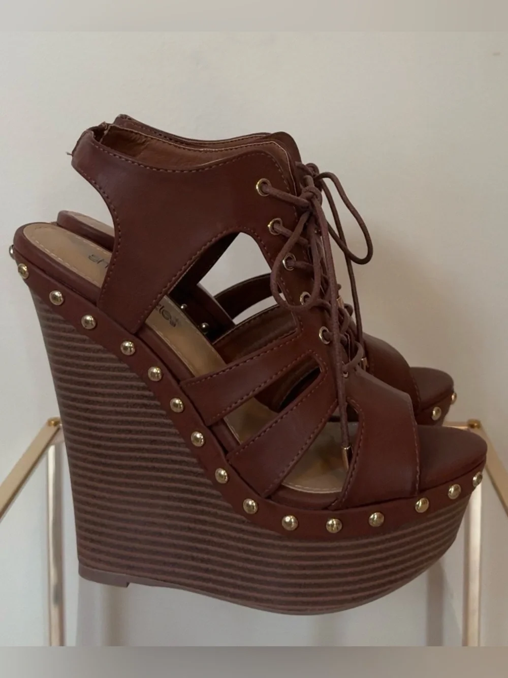 Brown Lace-Up Studded Platform Wedges